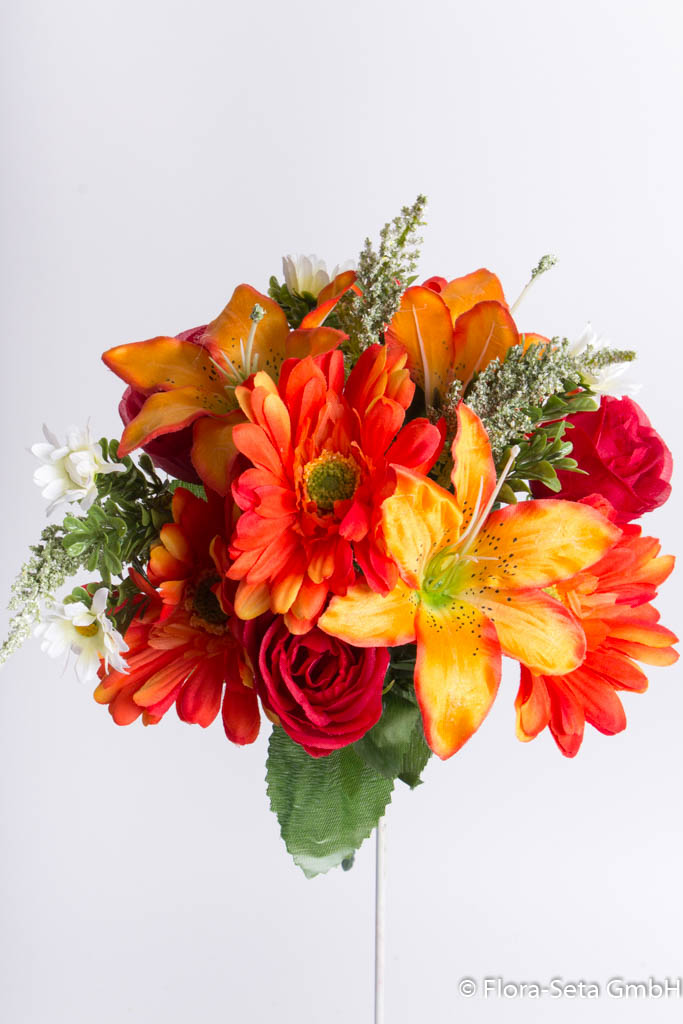künstlicher Rosen-Gerbera-Lilien-Strauß, rot-orange Farbe
